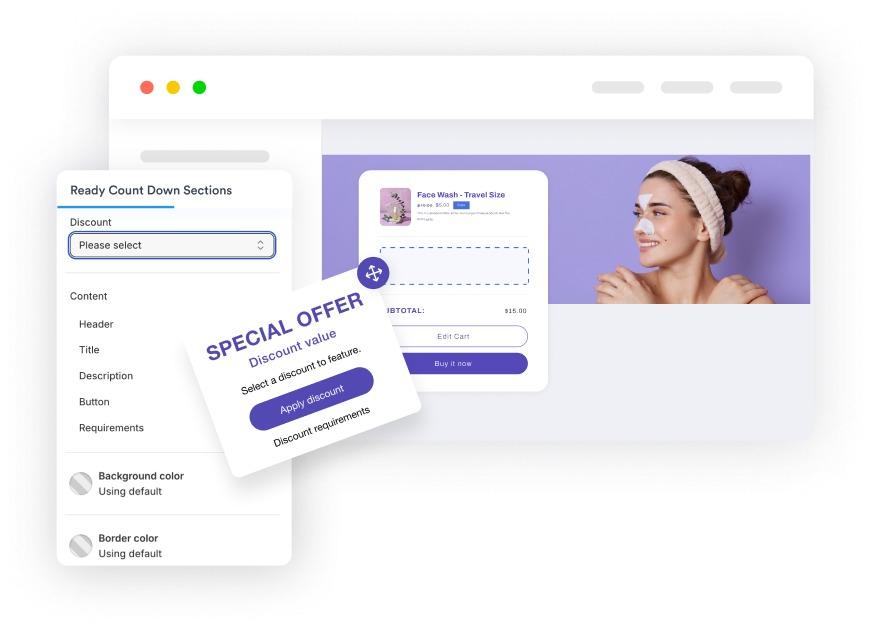 Shopify email customization app interface showing a preview of a branded email template with a countdown timer, discount offer, and product image.