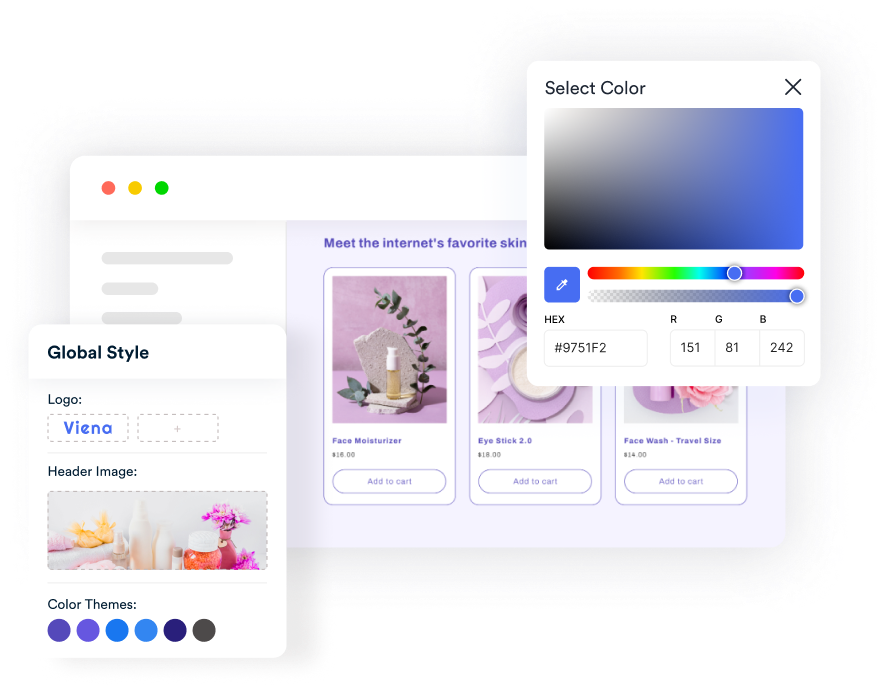 Global style settings for a Viená-branded skincare website, showing customizable logo, header image, color themes, and product listings.