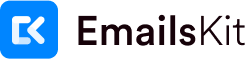 EmailsKit logo: blue square button with white arrow icon, next to the dark-red text "EmailsKit"